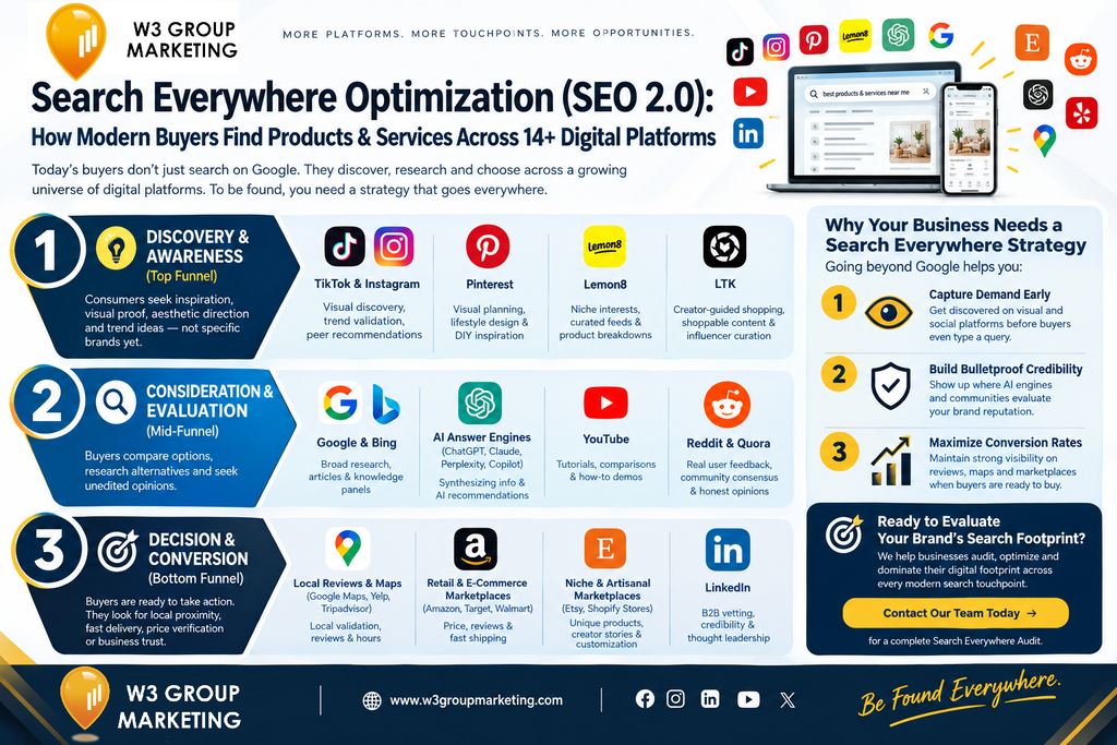 What is Search Everywhere Optimization? SEO 2.0 infographic To build an effective Search Everywhere strategy, you must first understand how consumers move through the modern search funnel across 14+ major digital channels.
1. DISCOVERY & AWARENESS (Top Funnel) • TikTok & Instagram • Pinterest • Lemon8 • LTK |
2. CONSIDERATION & EVALUATION (Mid-Funnel) • Google & Bing • AI Answer Engines (ChatGPT/Claude) • YouTube • Reddit & Quora
3. DECISION & CONVERSION (Bottom Funnel) • Local Reviews & Maps • Retail & E-Commerce Mark• Niche Marketplaces (Etsy/Shopify) • LinkedIn (B2B)