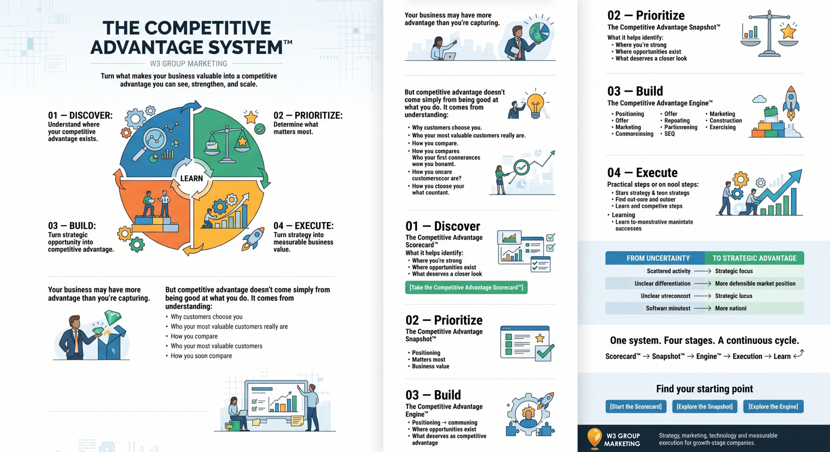 Infographic for The Competitive Advantage System™
Discover → Prioritize → Build → Execute
The System is designed to move from understanding to action without skipping the strategic work in between.